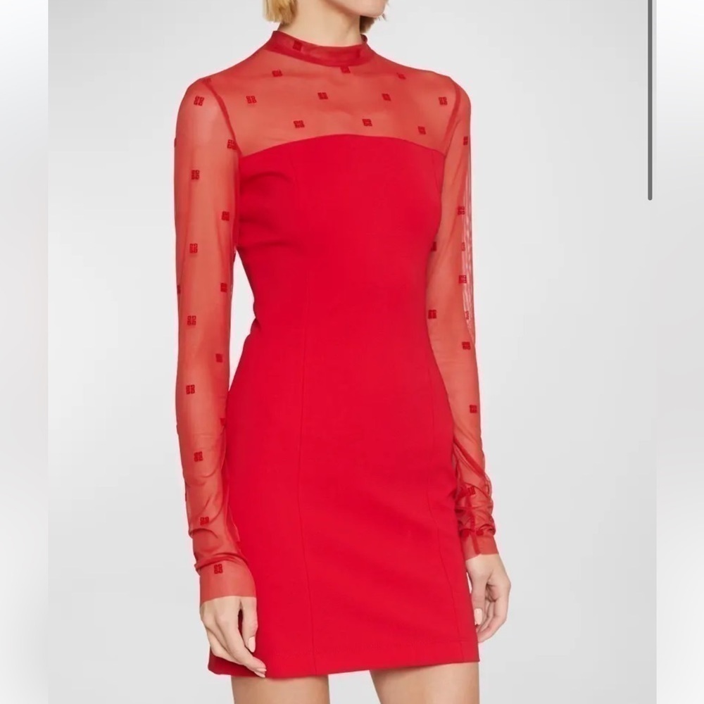 New Givenchy 4G Logo Mixed Media Mini Dress w/ Sheer in Vermillon Size 36